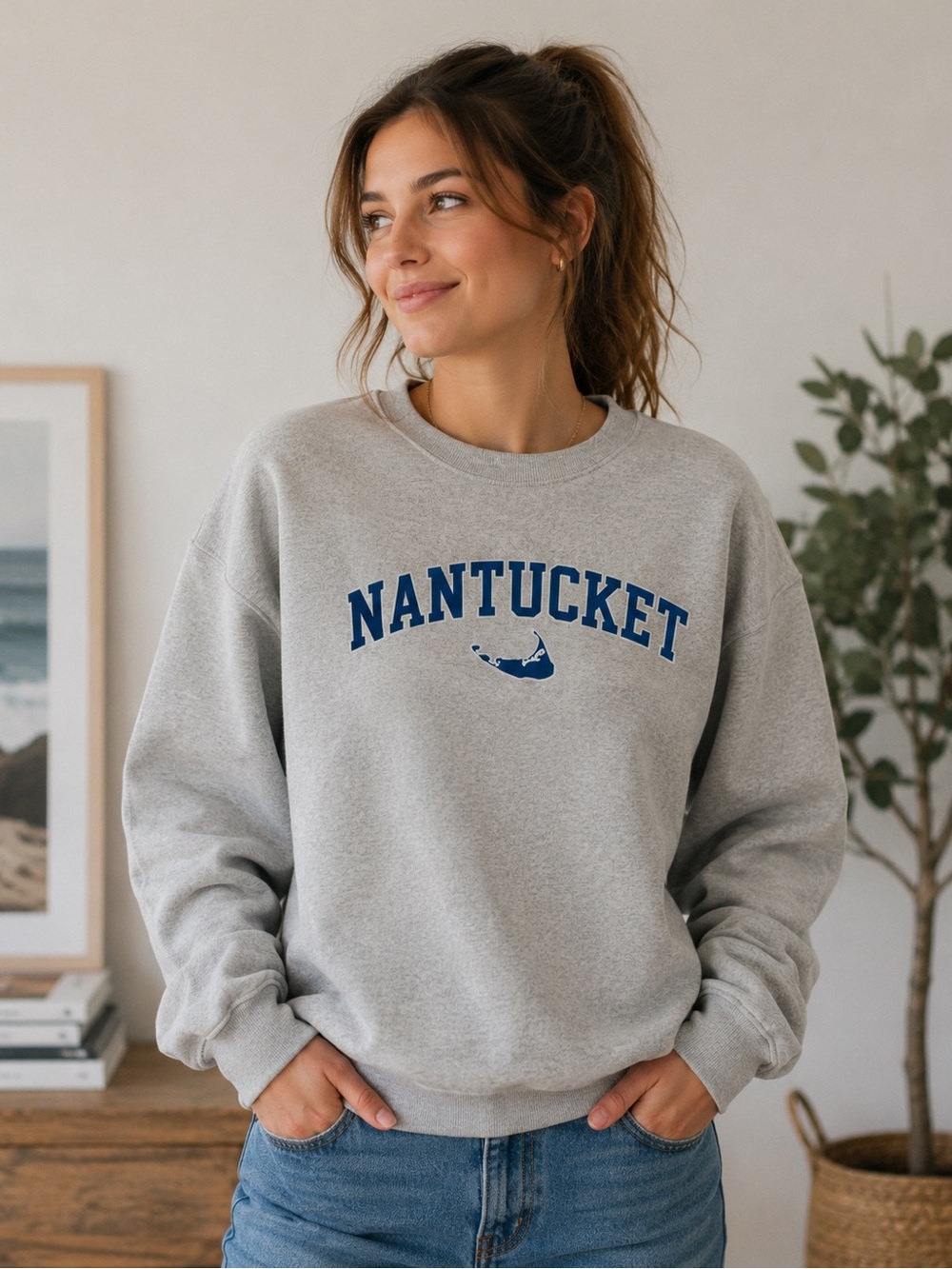 Hanes Gray Crewneck Sweatshirt with Navy Nantucket Graphic